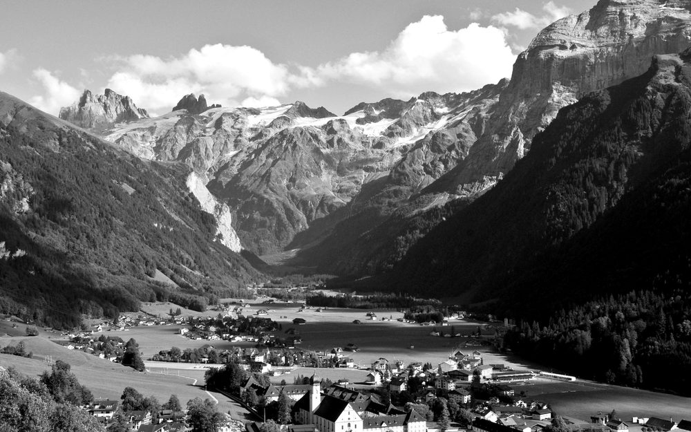 The Engelberg valley with the monastery in the foreground and the glaciated peaks behind