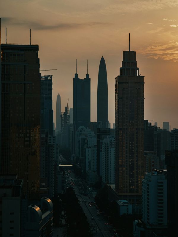 Shenzhen skyline with the Ping An Finance Center at sunset
